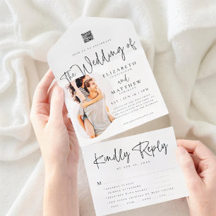 Moderne Chic Einfache Foto QR Mahlzeit Option Hoch All In One Einladung