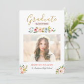 Moderne Chic Floral Gold Graduate Graduate Party Einladung (Stehend Vorderseite)