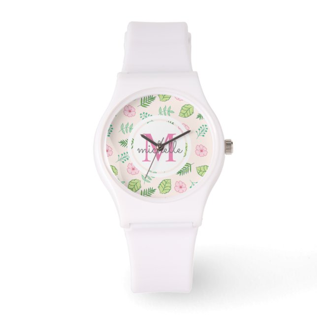 Moderne Chic Floral Monogram Armbanduhr (Vorderseite)