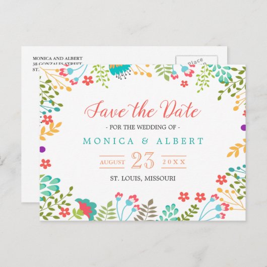 Moderne Chic-Floral Save the Date Ankündigungspostkarte (Vorne/Hinten)