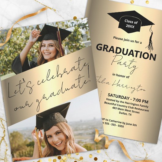Moderne Chic Gold Metallic Foto Graduation Party Einladung