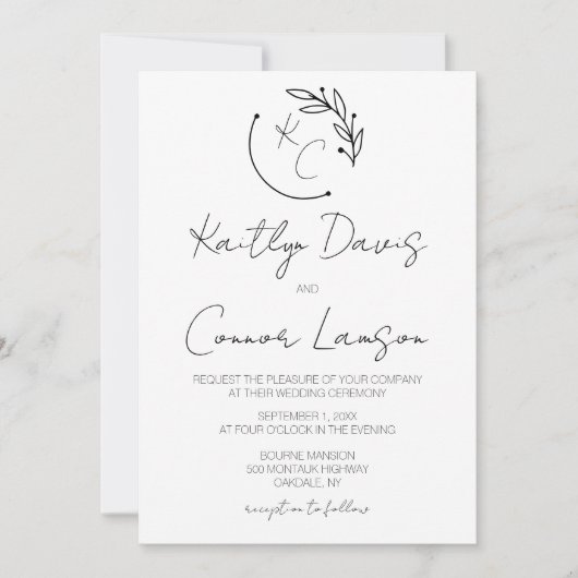 Moderne Chic Leaf Monogram Hochzeit Einladung (Vorderseite)