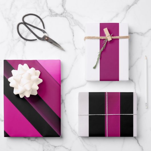 Moderne Chic Magenta, Schwarz und Weiß gestreift Geschenkpapier Set (Vorderseite)