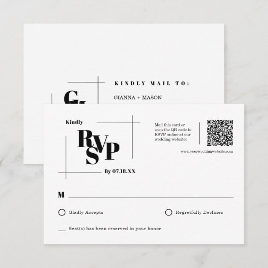 Moderne Chic Monogram Minimal Wedding RSVP Postcar Karte (Vorne/Hinten)