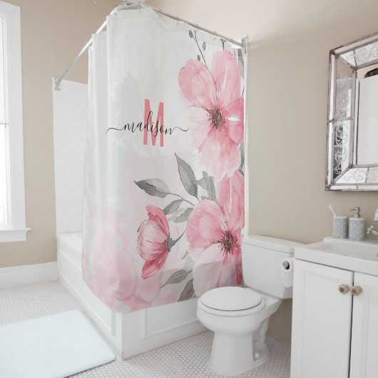 Moderne Chic Pink Monogram Funny Script Hochzeit Duschvorhang (Beispiel)