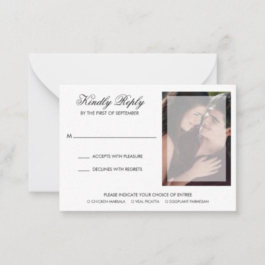 Moderne Chic Script Foto Wedding Mini RSVP Card Mitteilungskarte (Vorderseite)