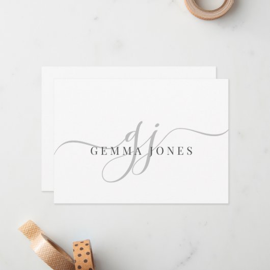 Moderne Chic Script Gray Monogram Initials Minimal Mitteilungskarte (Vorderseite/Rückseite Beispiel)