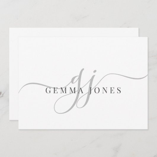 Moderne Chic Script Gray Monogram Initials Minimal Mitteilungskarte (Vorne/Hinten)