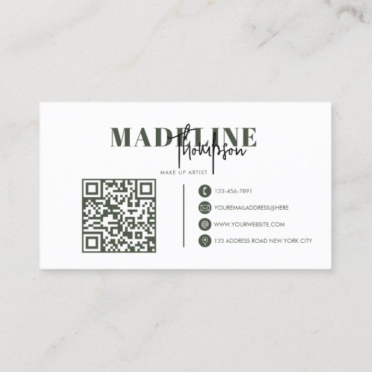 Moderne Chic Typografy Script Dunkelgrüner QR Code Visitenkarte (Rückseite)