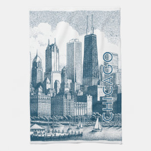 Moderne Chicago-Skyline Blau Weiß Geschirrtuch