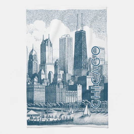 Moderne Chicago-Skyline Blau Weiß Geschirrtuch (Vertikal)