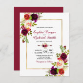 Moderne Chich Burgundy Floral Gold Rahmen Wedding Einladung (Vorne/Hinten)