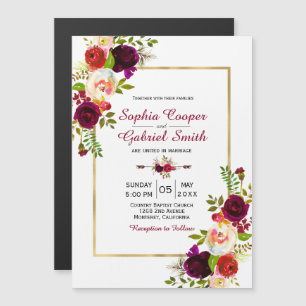 Moderne Chich Burgundy Floral Gold Rahmen Wedding Magneteinladung