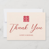 Moderne chinesische Hochzeit in Rot-Beige Dankeskarte (Vorderseite)