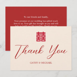 Moderne chinesische Hochzeit in Rot-Beige Dankeskarte