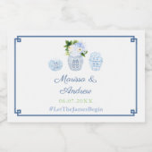 Moderne Chinoiserie Blau Weiß und Grün Hochzeit Alkoholflaschenetikett (Einzelnes Label)