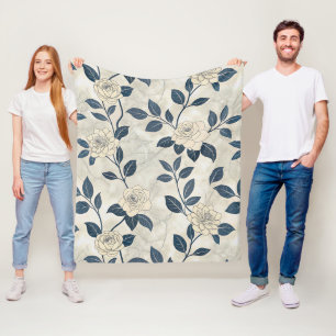 Moderne Chinoiserie Elfenbein-Rose Navy Botanisch Fleecedecke
