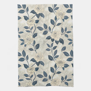 Moderne Chinoiserie Elfenbein-Rose Navy Botanisch Geschirrtuch