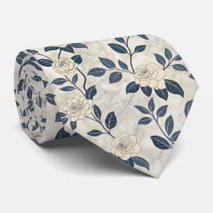 Moderne Chinoiserie Elfenbein-Rose Navy Botanisch Krawatte