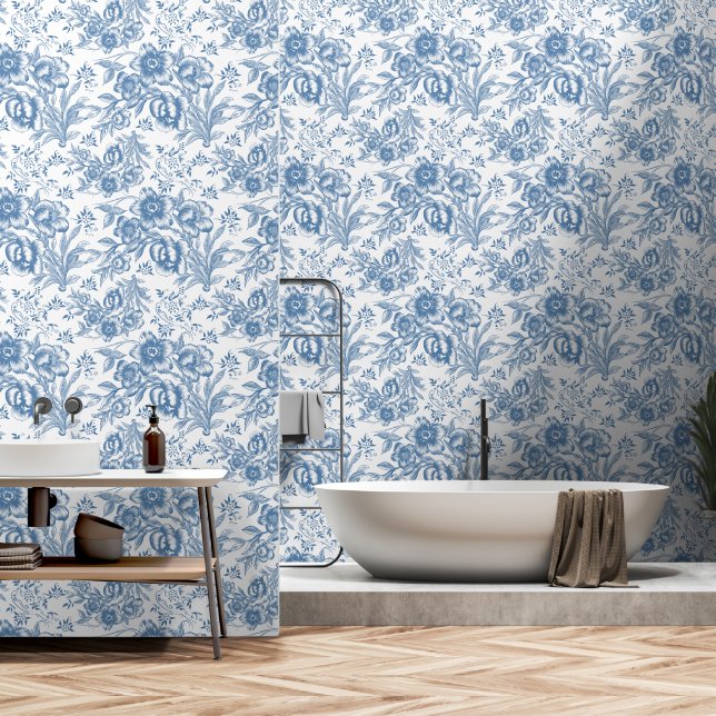 Moderne Chinoiseries blau-weiße Blumen Tapete (Badezimmer)