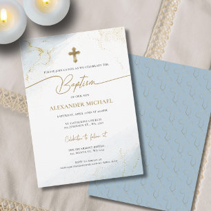Moderne Christliche Blue-Gold-Cross-Taufe Einladung