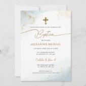 Moderne Christliche Blue-Gold-Cross-Taufe Einladung (Vorderseite)
