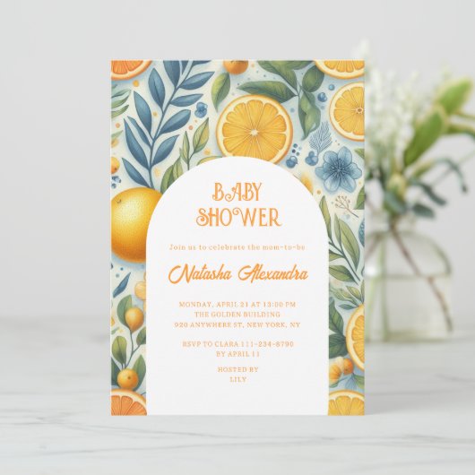 Moderne Citrus Baby Dusche farbenfroh Geschlecht n Einladung (Stehend Vorderseite)