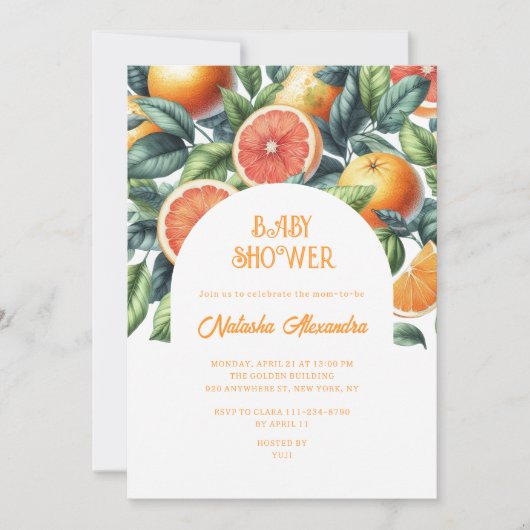 Moderne Citrus Baby Dusche farbenfroh Geschlecht n Einladung (Vorderseite)