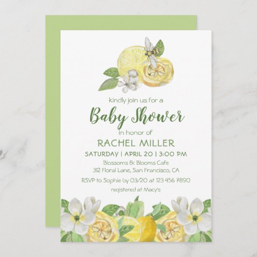 Moderne Citrus Floral Lemon Wasserfarbe Babydusche Einladung (Vorne/Hinten)