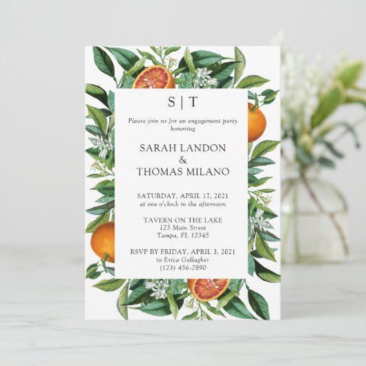 Moderne Citrus Orange Foliage Party Einladung (Stehend Vorderseite)