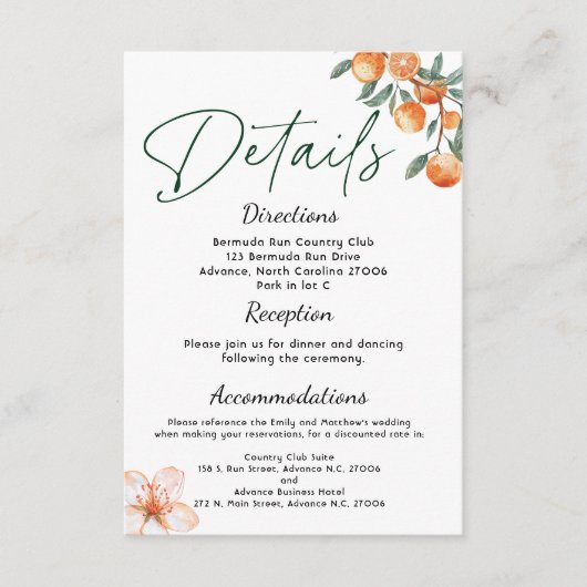 Moderne Citrus-Themed Wedding Details Card Begleitkarte (Vorderseite)