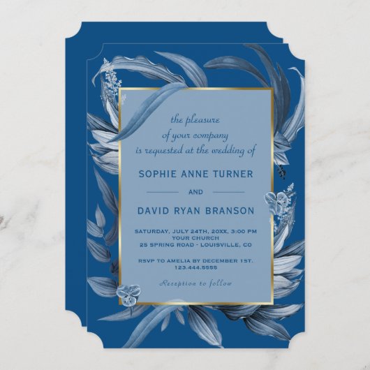 Moderne Classic Blue Blätter Geometric Gold Weddin Einladung (Vorne/Hinten)