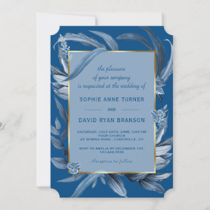 Moderne Classic Blue Blätter Geometric Gold Weddin Einladung