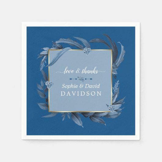 Moderne Classic Blue Blätter Geometric Gold Weddin Serviette (Vorderseite)