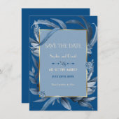Moderne Classic Blue Blätter Gold Save the Date Einladung (Vorne/Hinten)