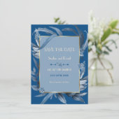 Moderne Classic Blue Blätter Gold Save the Date Einladung (Stehend Vorderseite)
