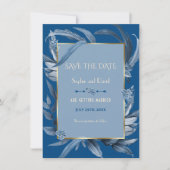 Moderne Classic Blue Blätter Gold Save the Date Einladung (Vorderseite)