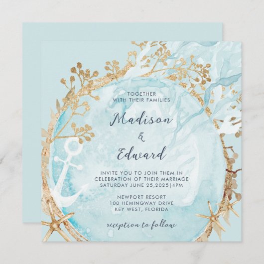Moderne Coastal Nautical Aquamarin Green Gold Hoch Einladung (Vorne/Hinten)
