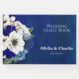 Moderne Cobalt Dusty Blue White Floral Wedding Gästebuch