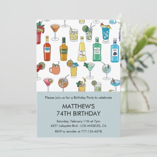 Moderne Cocktailgetränke Zeitgenössisch 74. Geburt Einladung (Stehend Vorderseite)