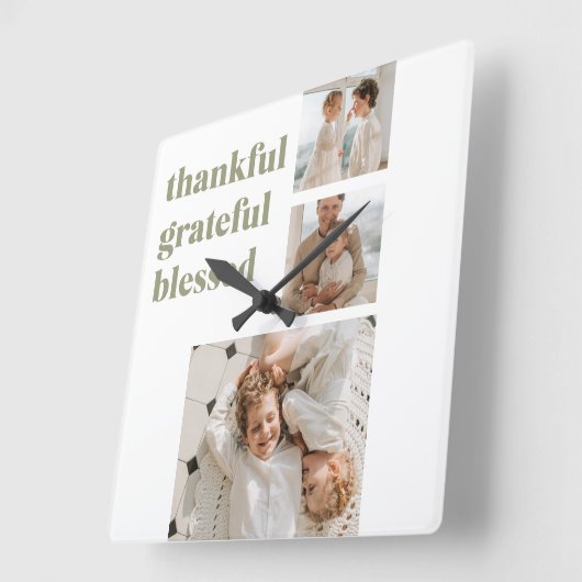 Moderne Collage Drei Foto | Glückliches Erntedankf Quadratische Wanduhr (Winkel)