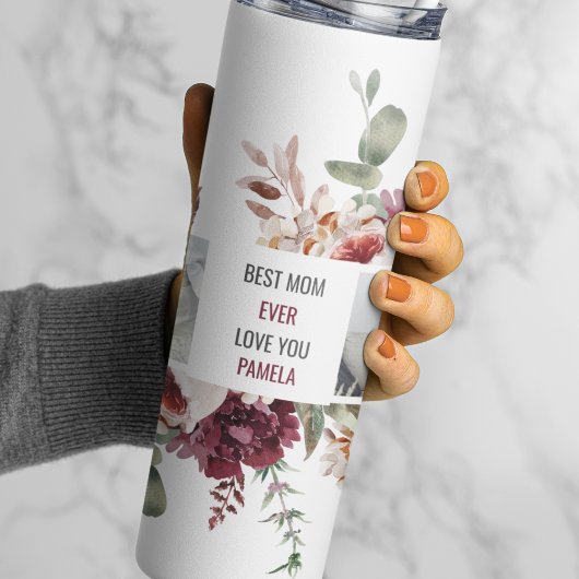 Moderne Collage Foto-Blume geben den Rahmen für be Thermosbecher