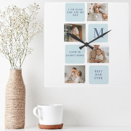 Moderne Collage Fotos Blue Best Fathers Geschenk Quadratische Wanduhr
