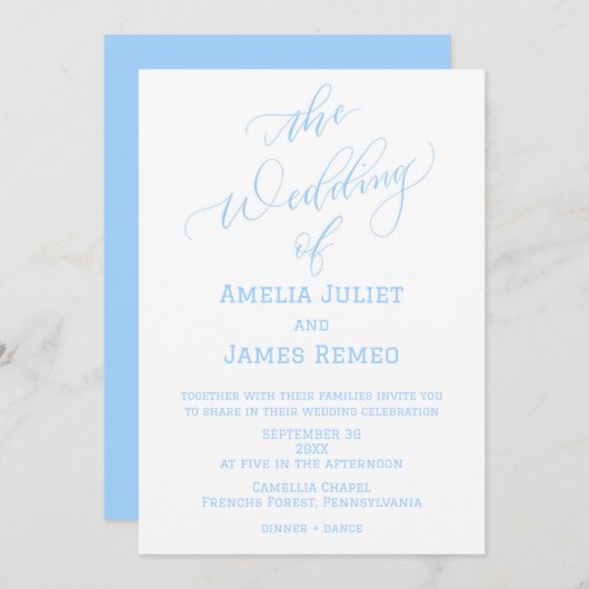Moderne Columbia Blue and White Simple Wedding Einladung (Vorne/Hinten)