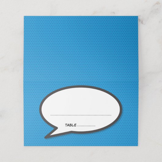 Moderne Comic Book Speech Bubble Wedding Platzkarte (Außenseite Aufgefaltet)