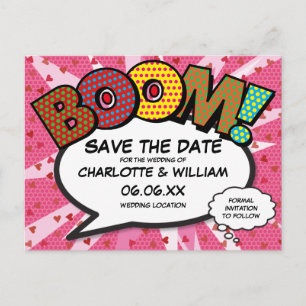Moderne Comic-Hochzeits-Einladung Rosa Save-the-Da Postkarte