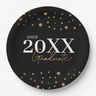 Moderne Confetti Black Gold Class 2024 Graduate Pappteller