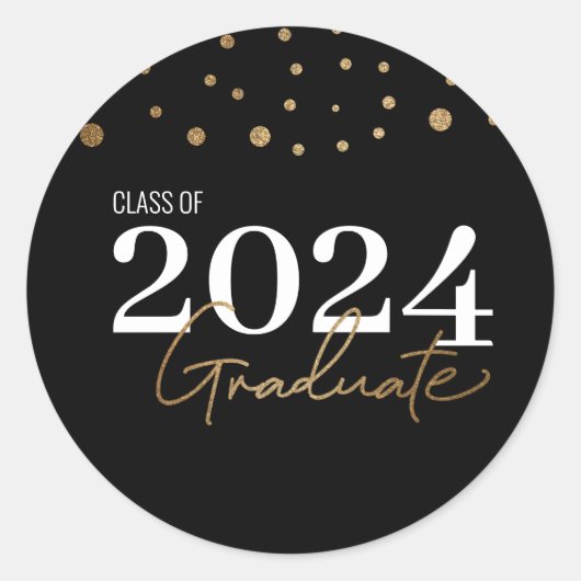 Moderne Confetti Black Gold Class 2024 Graduate Runder Aufkleber (Vorderseite)