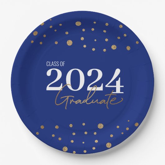 Moderne Confetti Blue Gold Class 2024 Graduate Pappteller (Vorderseite)