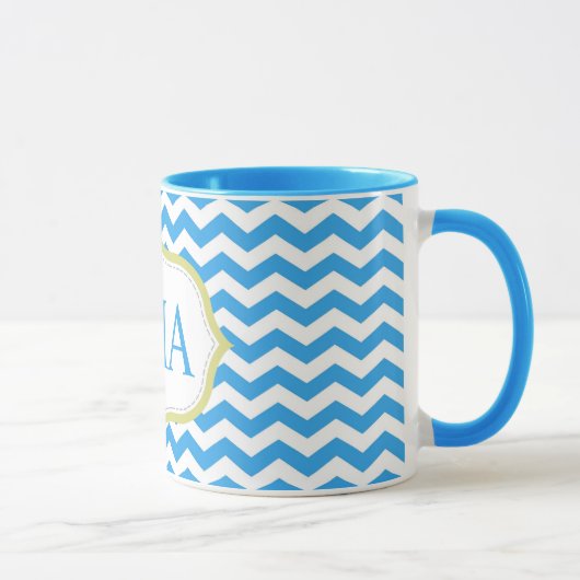 moderne cool-blaue Zickzack Streifen Monogramm-Ini Tasse (Rechts)